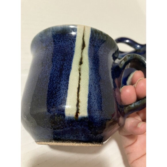 Two VNTG STONEWARE COBALT BLUE coffee MUGS VINTAGE STUDIO ART POTTERY stamped - Picture 2 of 16
